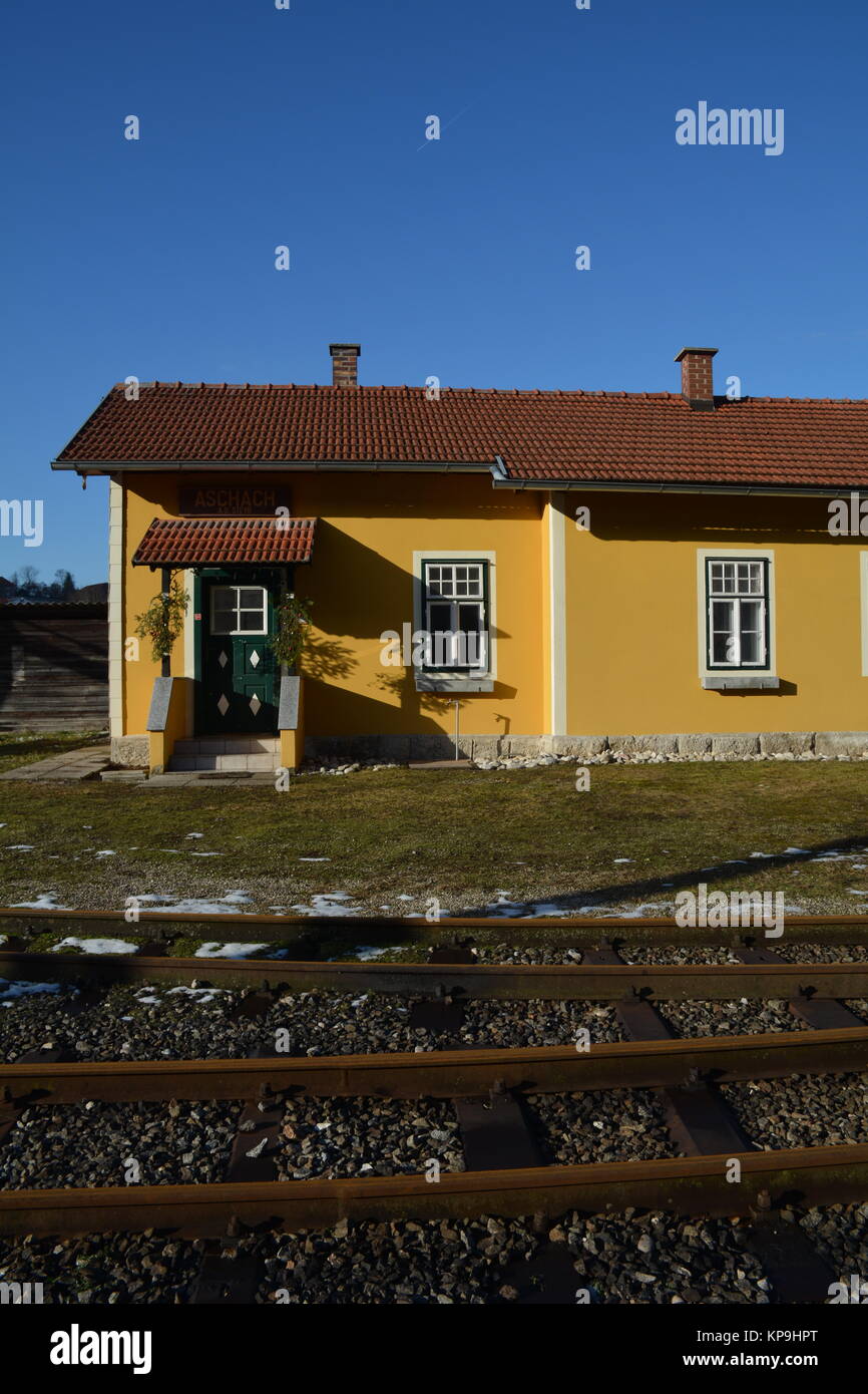 Aschach an der Steyr,Steyrtal,Bahnhof,Steyrtalbahn,ferrovia a scartamento ridotto,ferrovia,costruzione di società,Casa Foto Stock