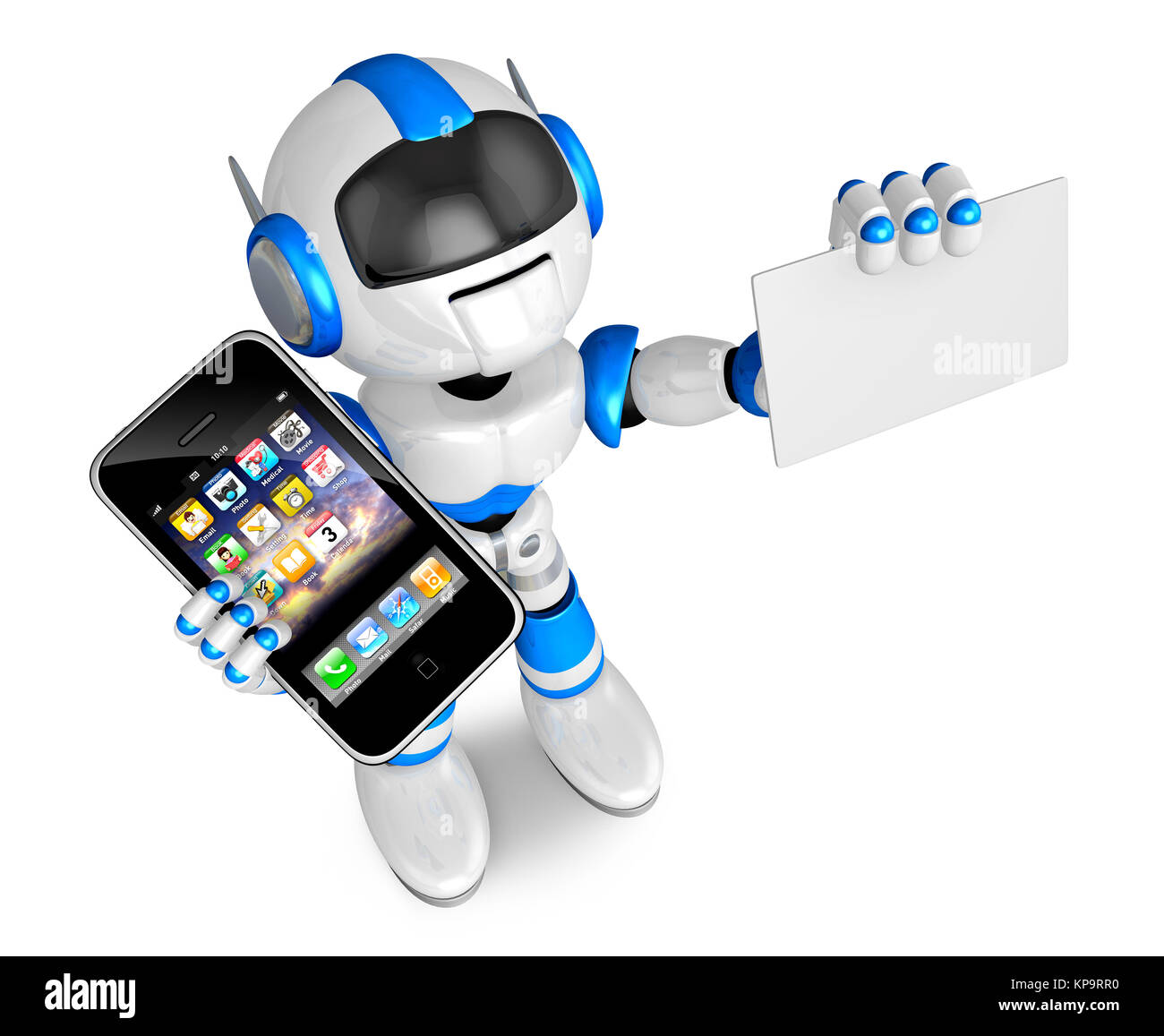 Blu carattere robot Smart Phone la mano sinistra tiene. business card con  la mano destra. Creare 3D robot umanoide serie Foto stock - Alamy