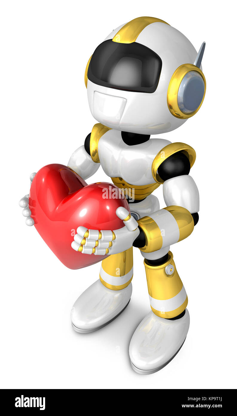 Oro carattere robot è in possesso di un cuore con entrambe le mani. Creare 3D robot umanoide serie. Foto Stock
