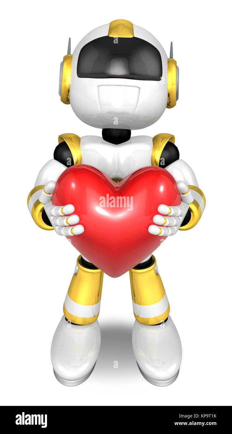 Oro carattere robot è in possesso di un cuore con entrambe le mani. Creare 3D robot umanoide serie. Foto Stock
