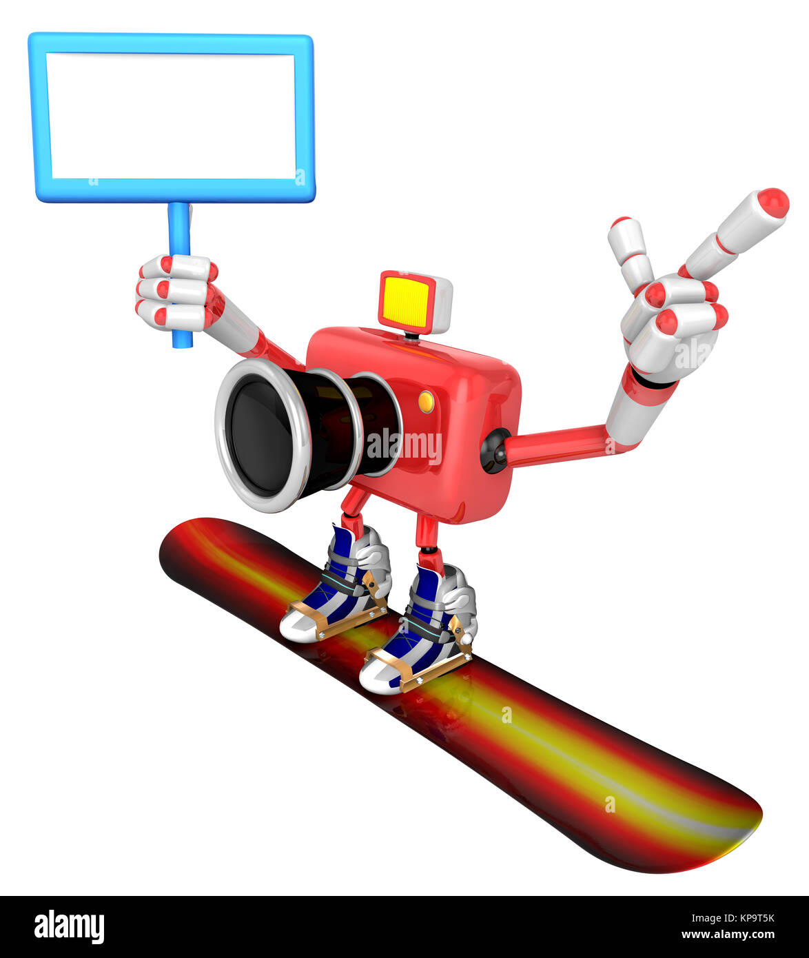 Telecamera Red carattere snowboard a cavallo. Creare fotocamera 3D serie di robot. Foto Stock