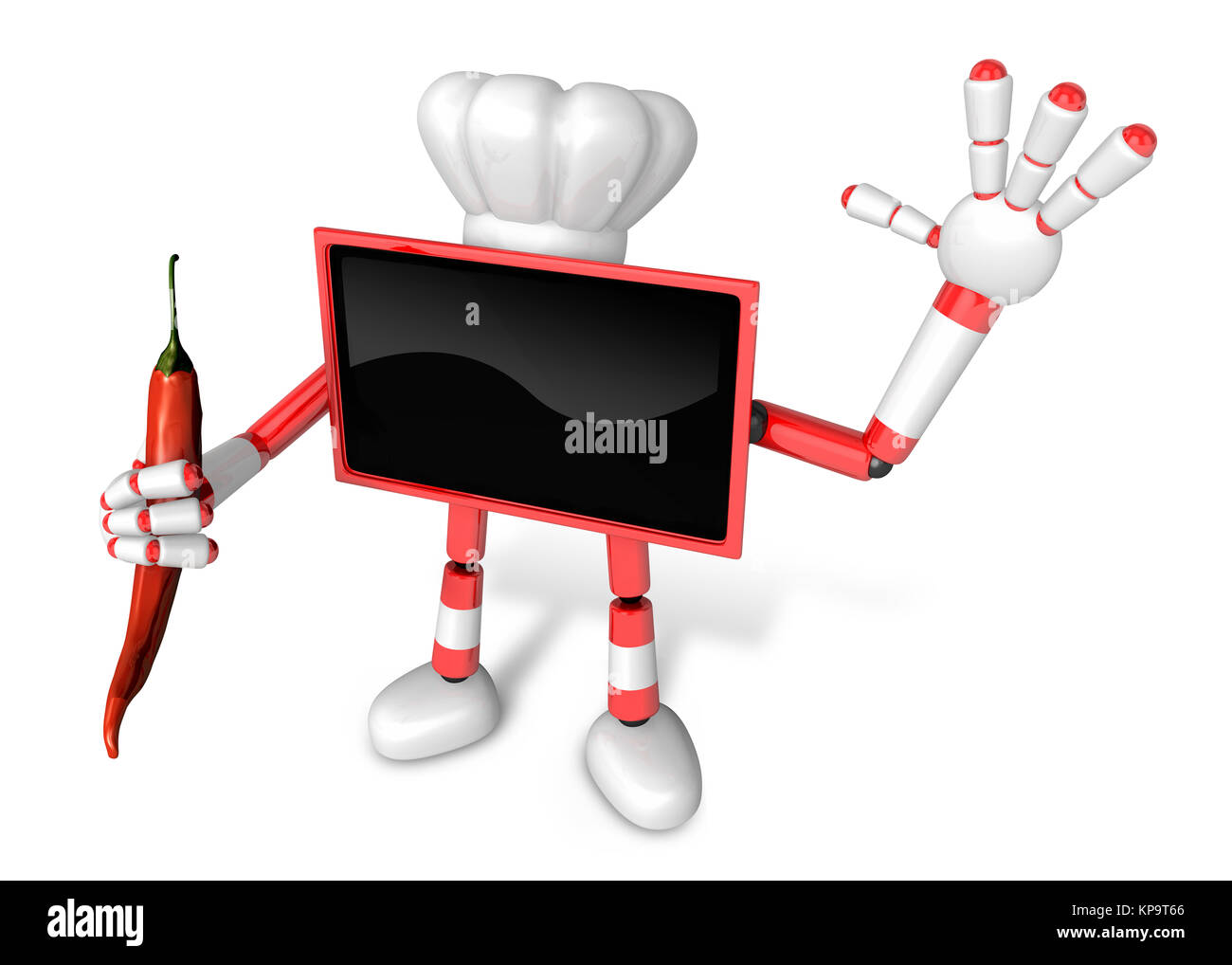 TV Rosso Chef mascotte la mano destra di guide e la mano sinistra è in possesso di un pepe rosso. Creare la televisione 3D serie di robot. Foto Stock