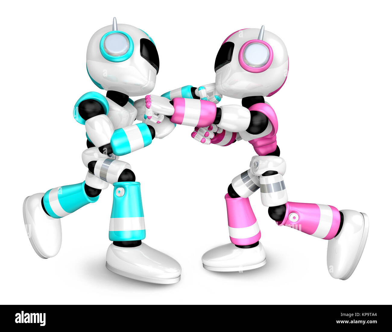 Il robot di rosa e blu cielo robot corrispondenze di inscatolamento. Creare 3D robot umanoide serie. Foto Stock
