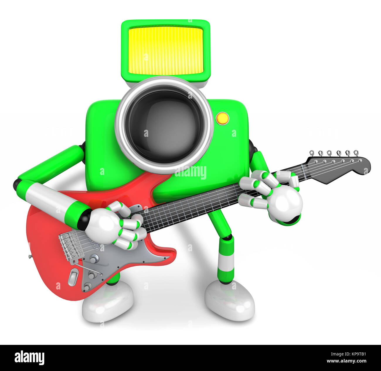 Per la parte anteriore verso il verde il carattere della fotocamera a suonare la chitarra. Creare fotocamera 3D serie di robot. Foto Stock