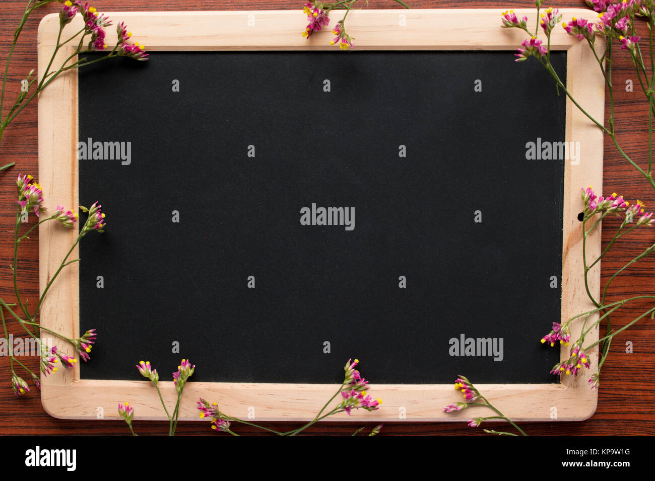 Lavagna vuota con fiori Foto Stock