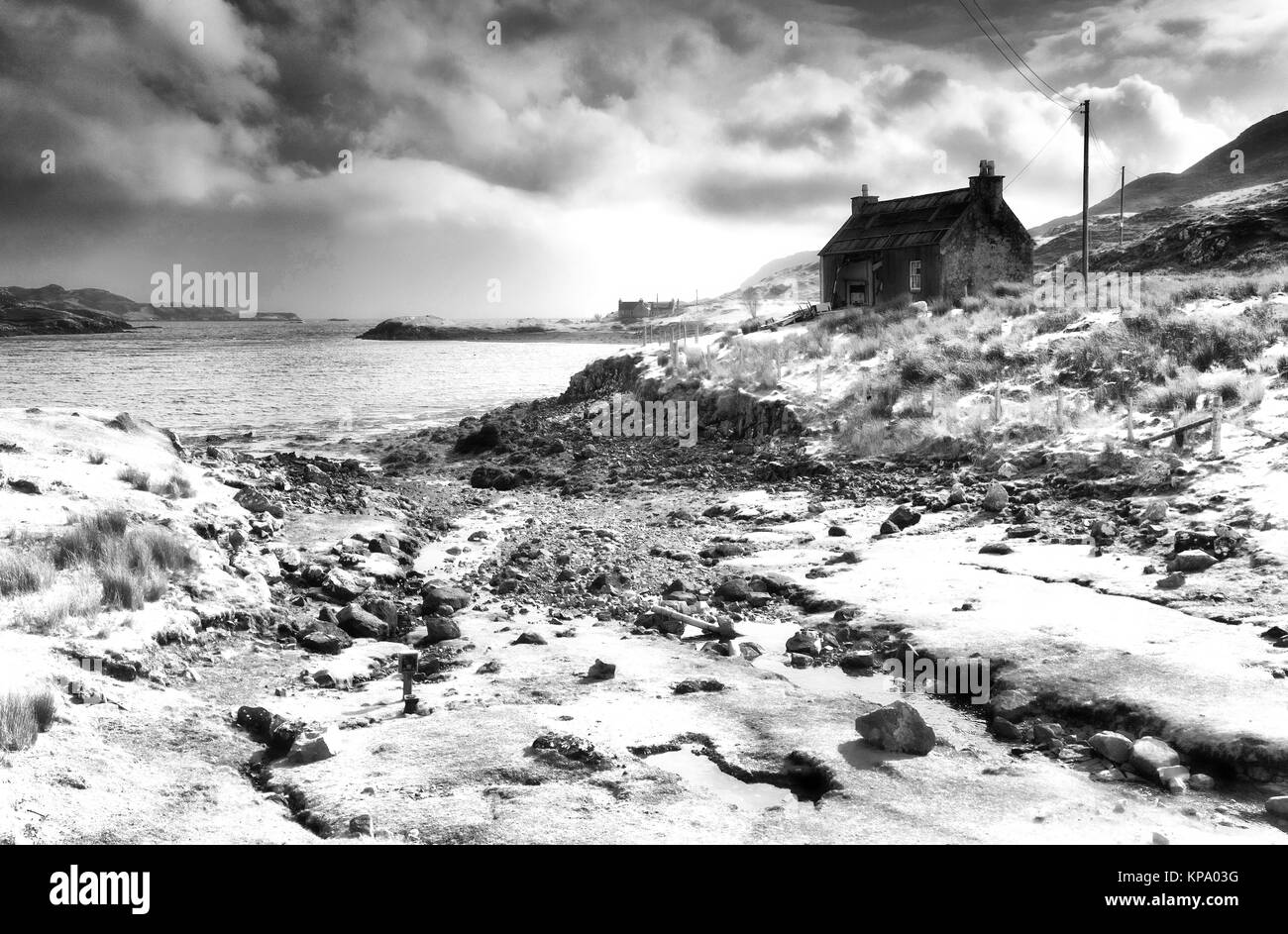 Abbandonato a Croft Orinsay, isola di Lewis, Ebridi Esterne. Convertito in bianco e nero e dato un trattamento a raggi infrarossi. Foto Stock