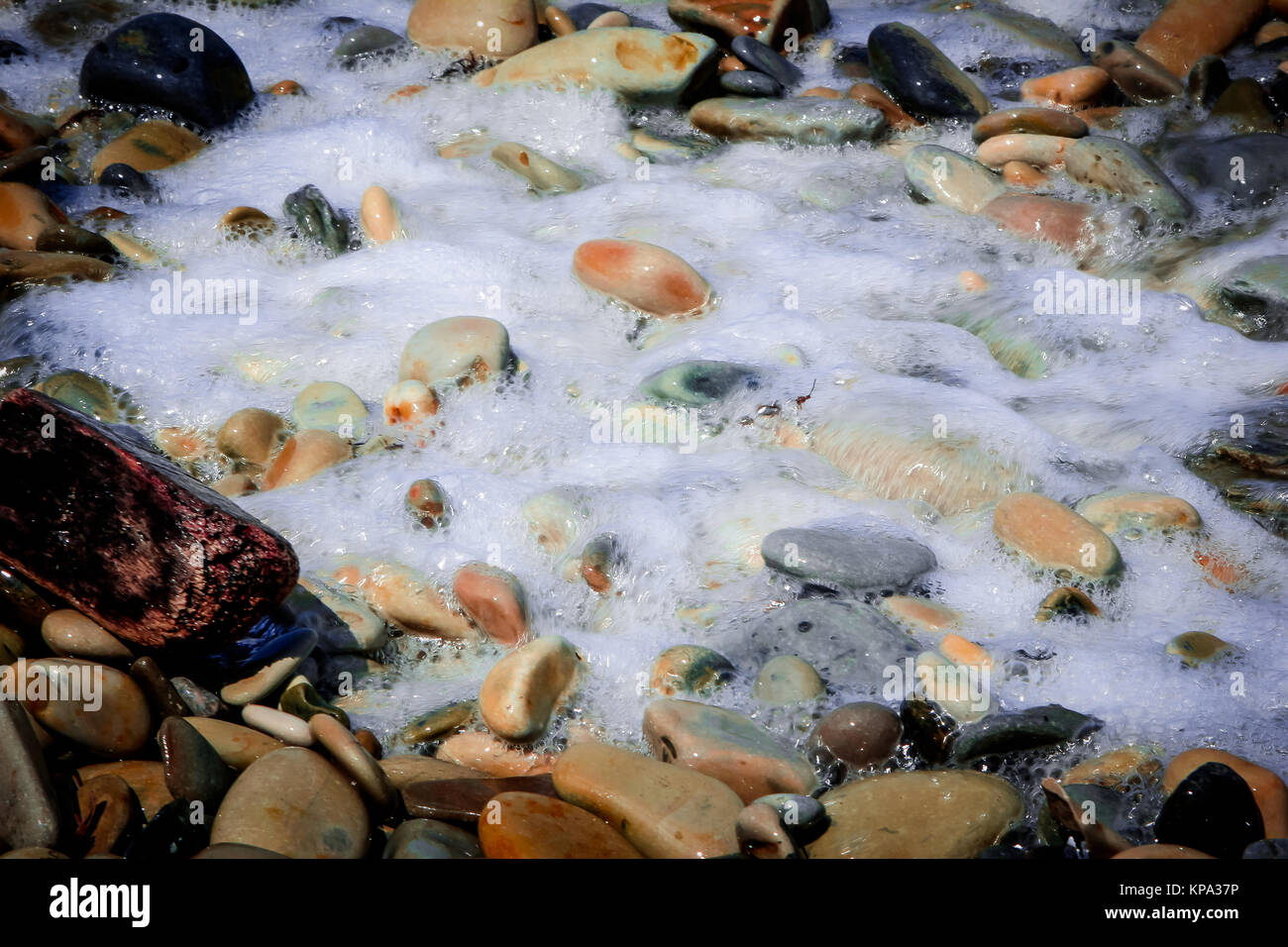 Mare colorato ciottoli in schiuma di mare. Foto Stock