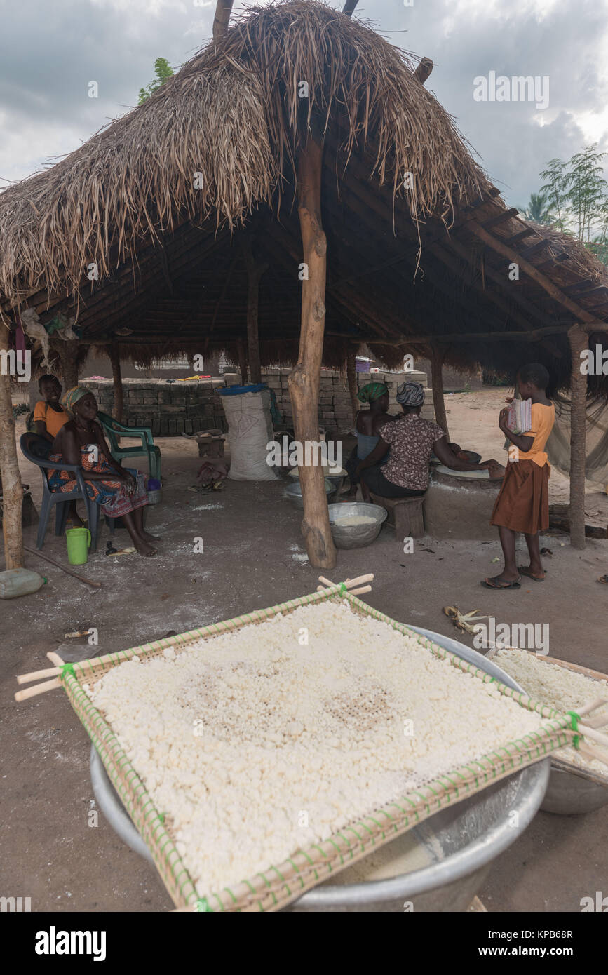 Il terreno è manioca setacciata prima di arrivare per arrosto il gari produzione, villaggio vicino Mafi-Kumase corretto, Volta Regione, Ghana, Africa Foto Stock