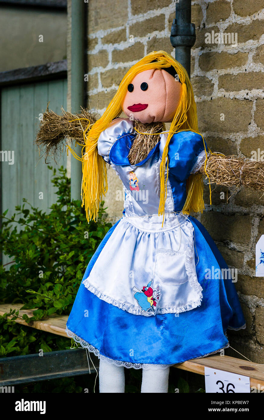 Un Alice nel Paese delle Meraviglie entrata in un villaggio spaventapasseri concorrenza che assomiglia a una piuttosto grande bambola in un vestito blu in Lacock REGNO UNITO Foto Stock