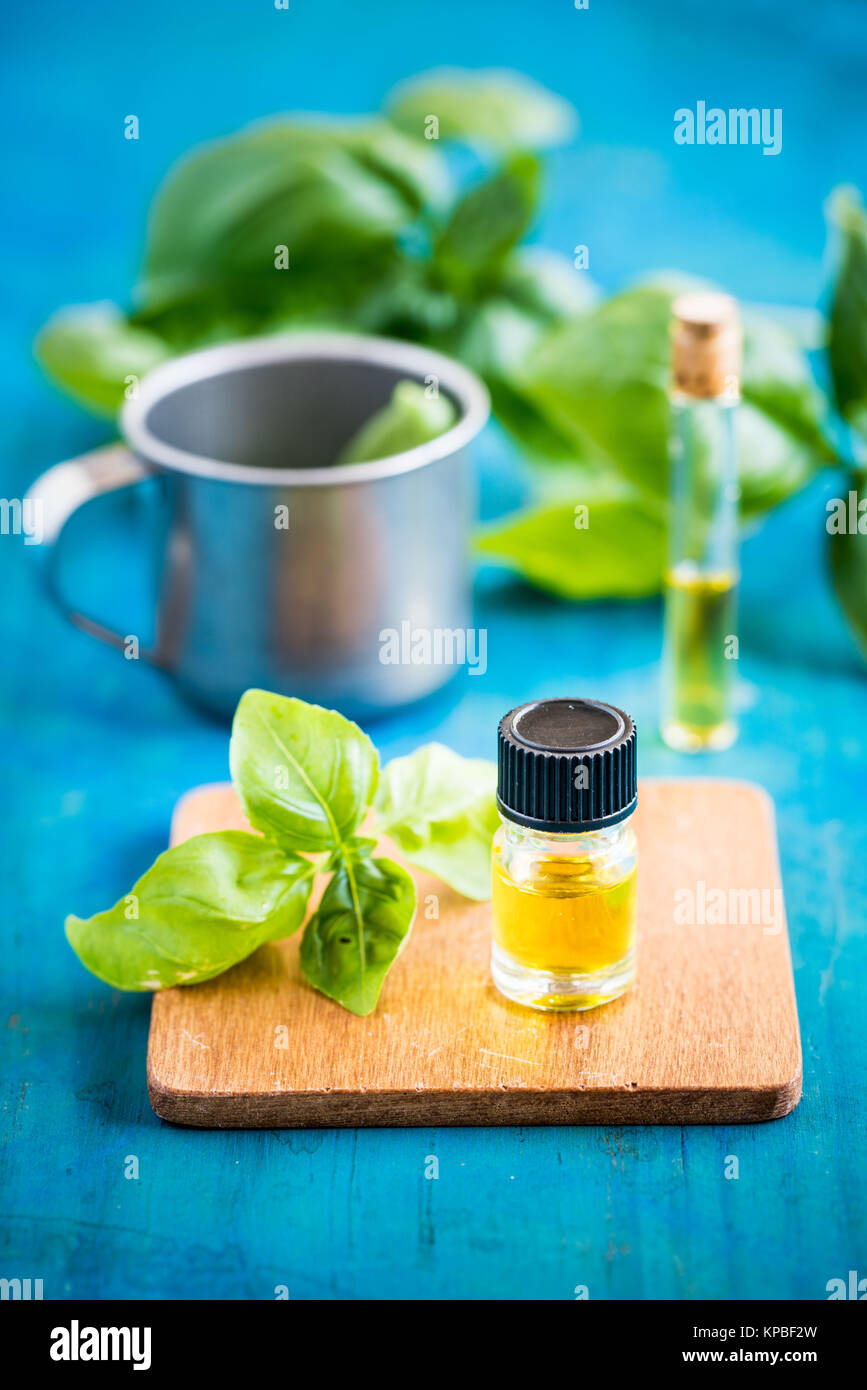 Olio essenziale di basilico. Foto Stock