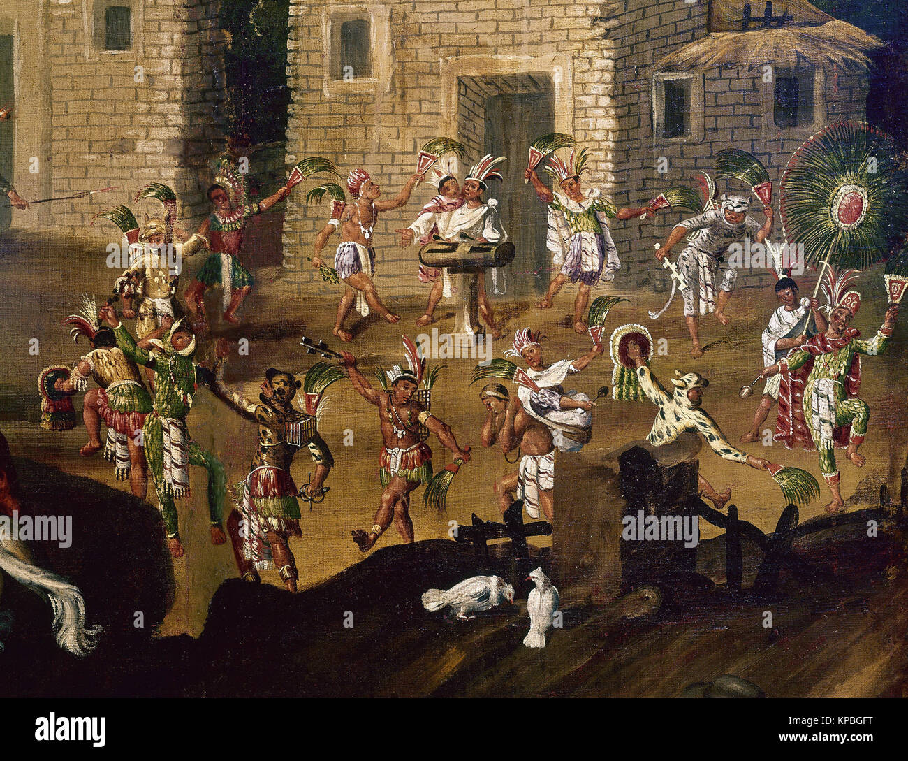 Persone Native dancing El Palo Volador messicano schermata piegatura del XVII secolo Foto Stock