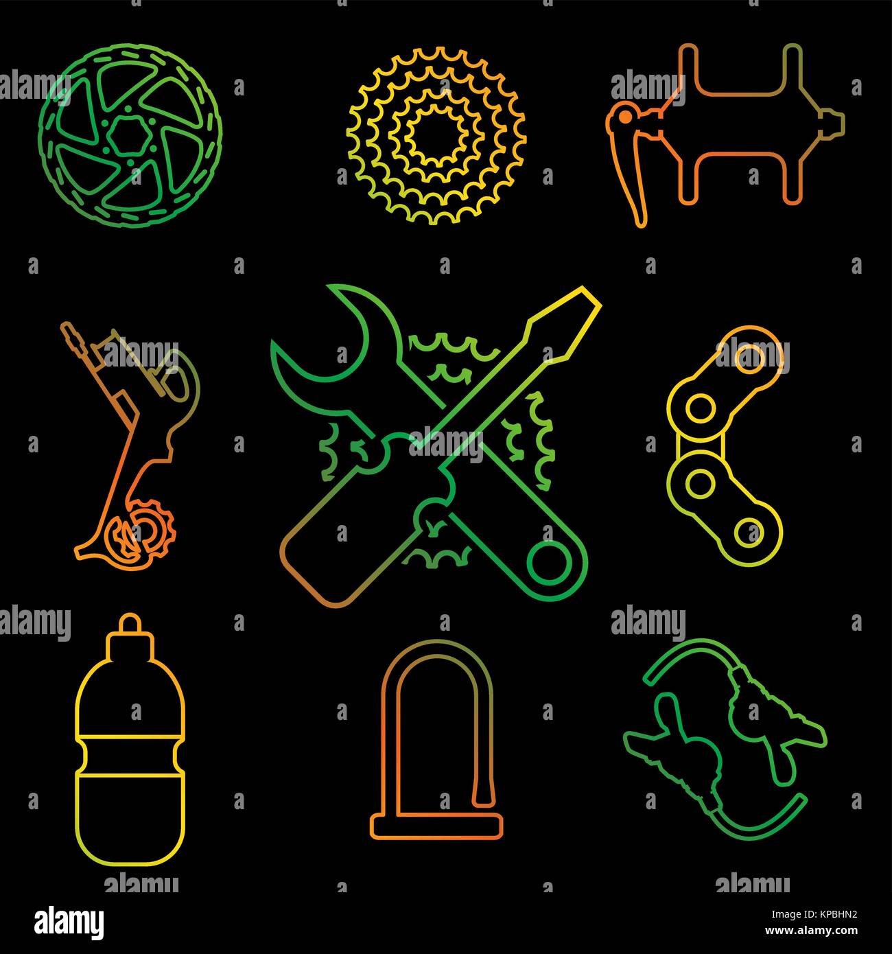 Parti della bici, accessori, di riparazione e di manutenzione di linea vettore icona impostare Illustrazione Vettoriale