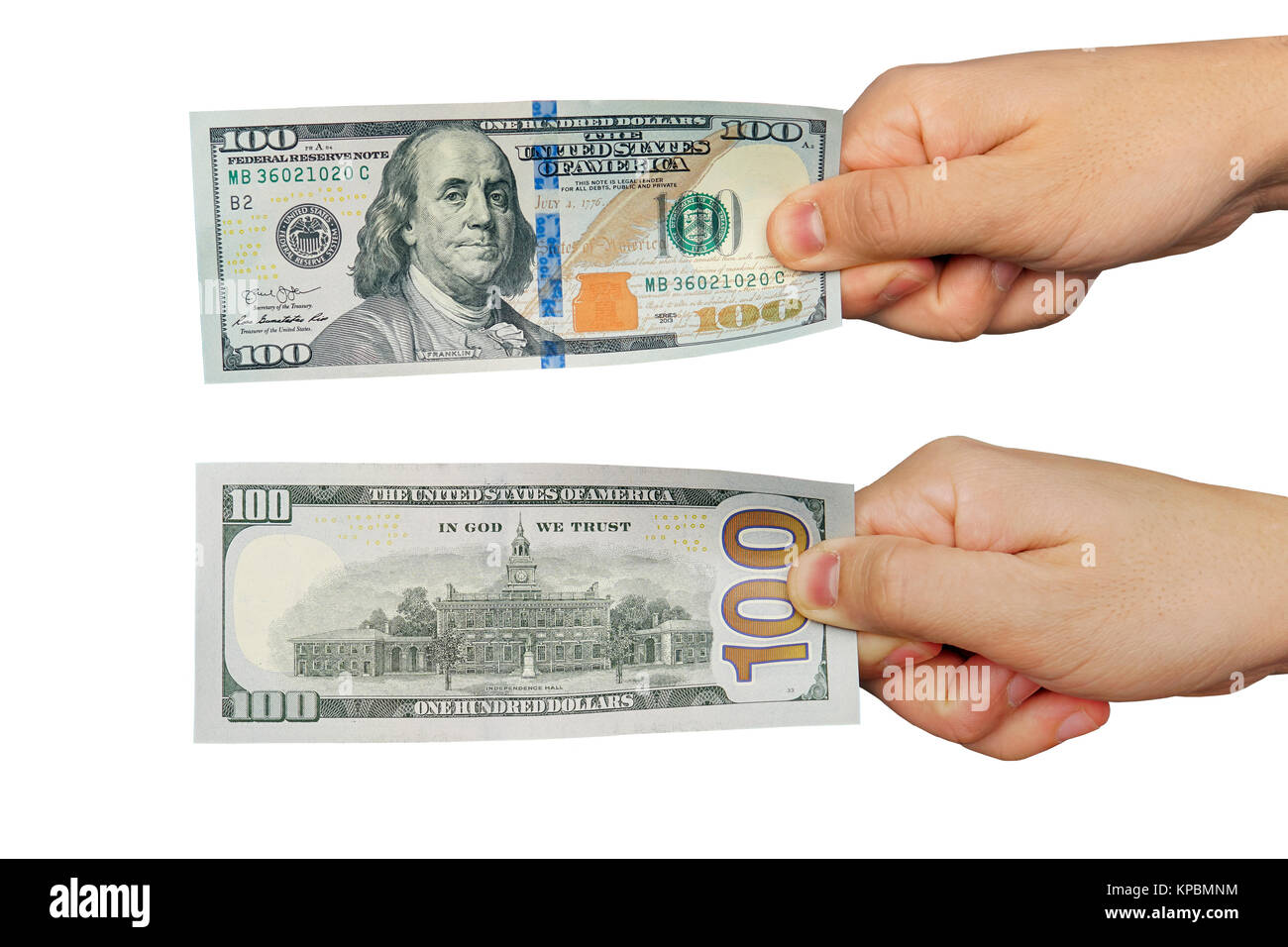 Una mano d'uomo tenendo un centinaio di dollari. due lati della fattura Foto Stock