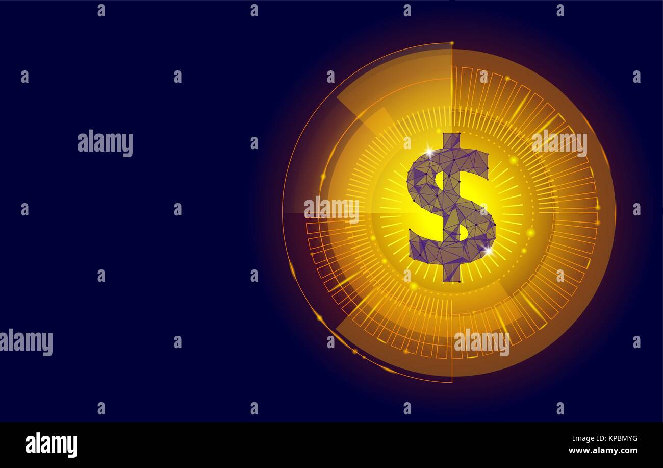 Golden Dollar HUD target grafico display di interfaccia. American simbolo di valuta bassa poli geometrica icona blu finanza internazionale il concetto di business e-commerce bagliore ologramma illustrazione vettoriale Illustrazione Vettoriale