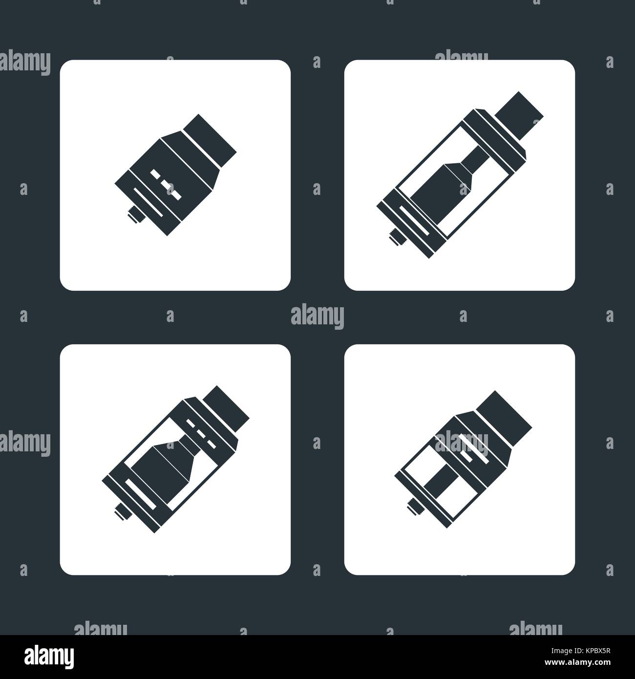 Vector scuro solido monocromatico illustrazioni varie rebuildable antigoccia e serbatoio vape polverizzatori tipi RDA RDTA RTA RBA isolato su sfondo scuro Illustrazione Vettoriale