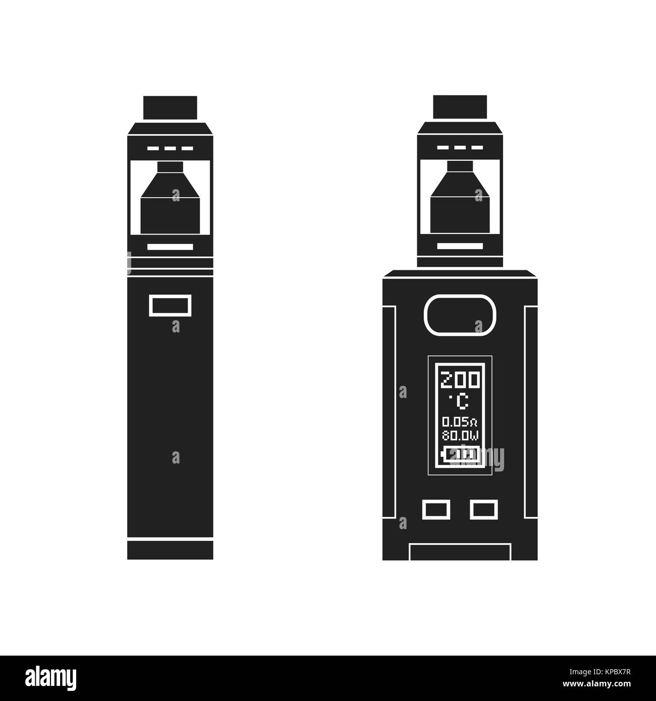Vector nero monocromatico illustrazioni solido vari tipi vaporizzatore meccanica e box mods illustrazioni isolate su sfondo bianco Illustrazione Vettoriale