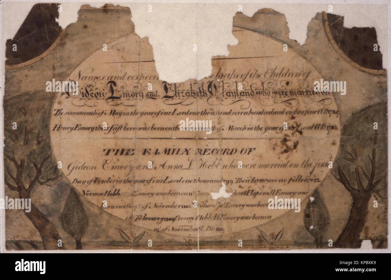 Illustrato fraktur, un tipo di folk illuminato arte creata dalla Pennsylvania olandese (Pennsylvania tedesco) per registrare storie di famiglia, 1850. Foto Stock