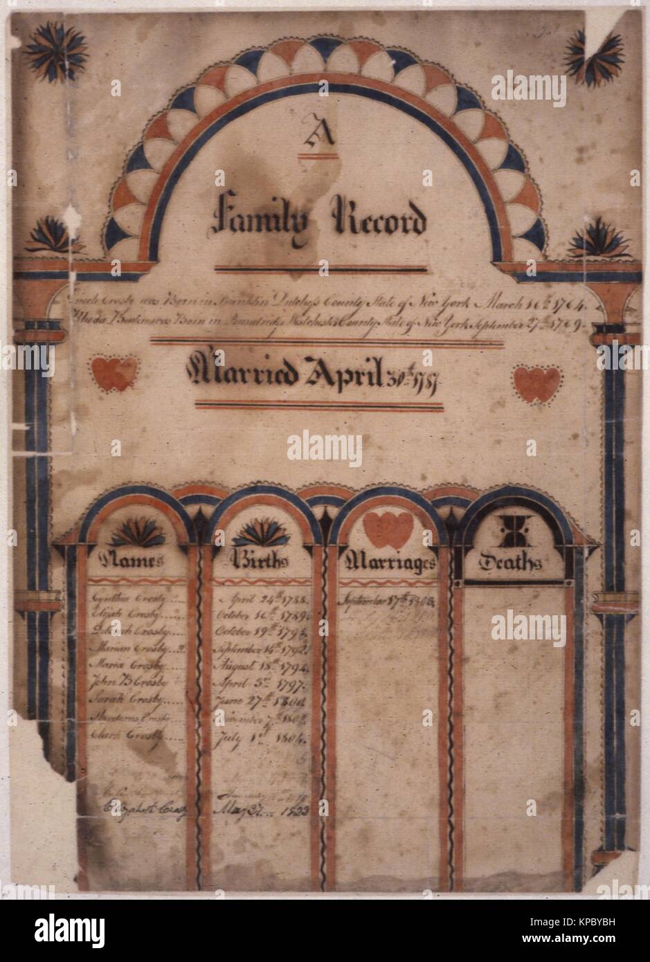 Illustrato fraktur, un tipo di folk illuminato arte creata dalla Pennsylvania olandese (Pennsylvania tedesco) per registrare storie di famiglia, 1850. Foto Stock