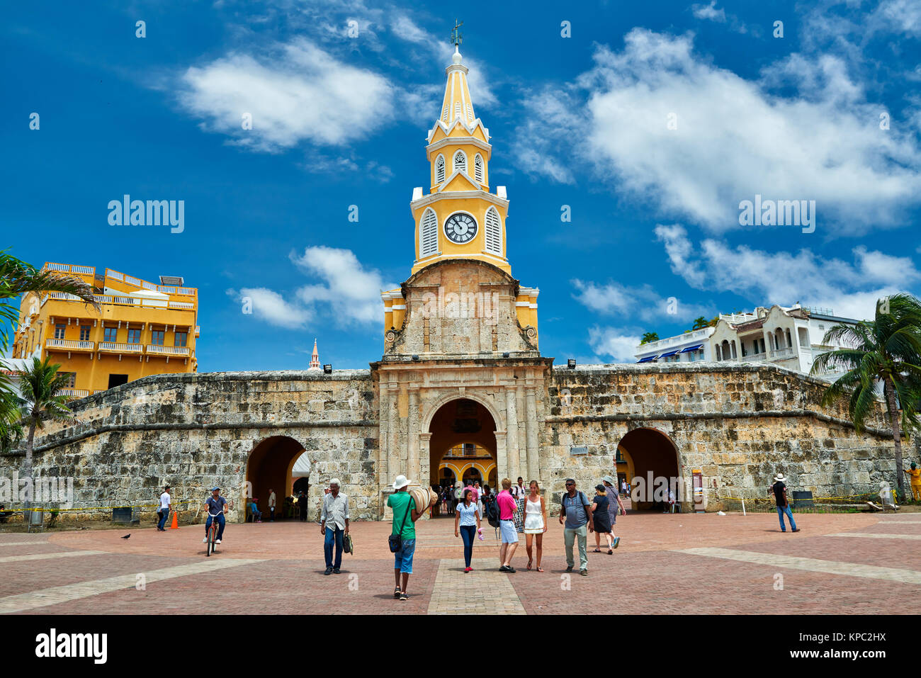 Bloccare la Torre La Torre del Reloj e Plaza de la Paz, Cartagena de Indias, Colombia, Sud America Foto Stock