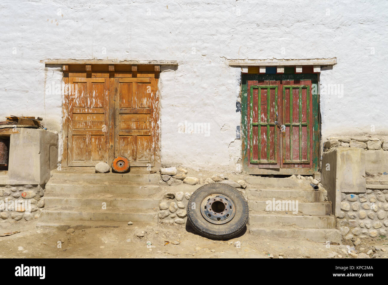Facciata di un edificio in Lo Manthang, Mustang Superiore regione, Nepal. Foto Stock