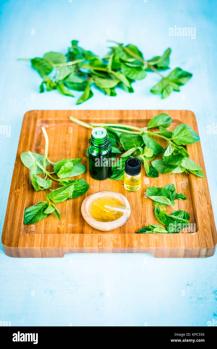 Olio essenziale di menta piperita. Foto Stock