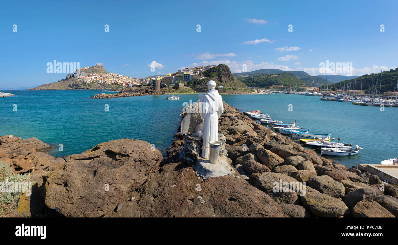 Sailor patrono figura presso il porto di Castelsardo, Sardegna, Italia, mare Mediterraneo, Europa Foto Stock