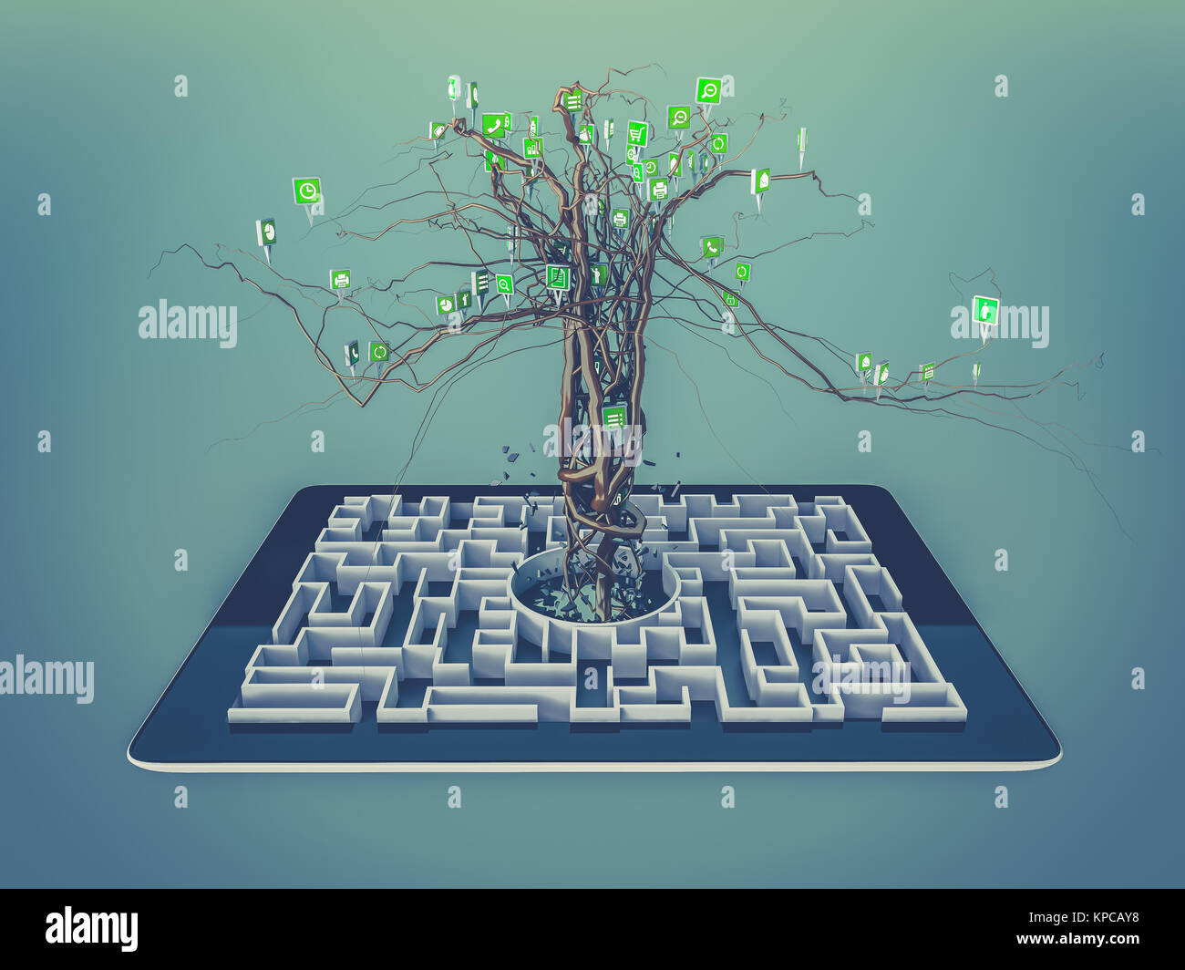Social media set di icone a forma di albero su un labirinto nel tablet. Foto Stock