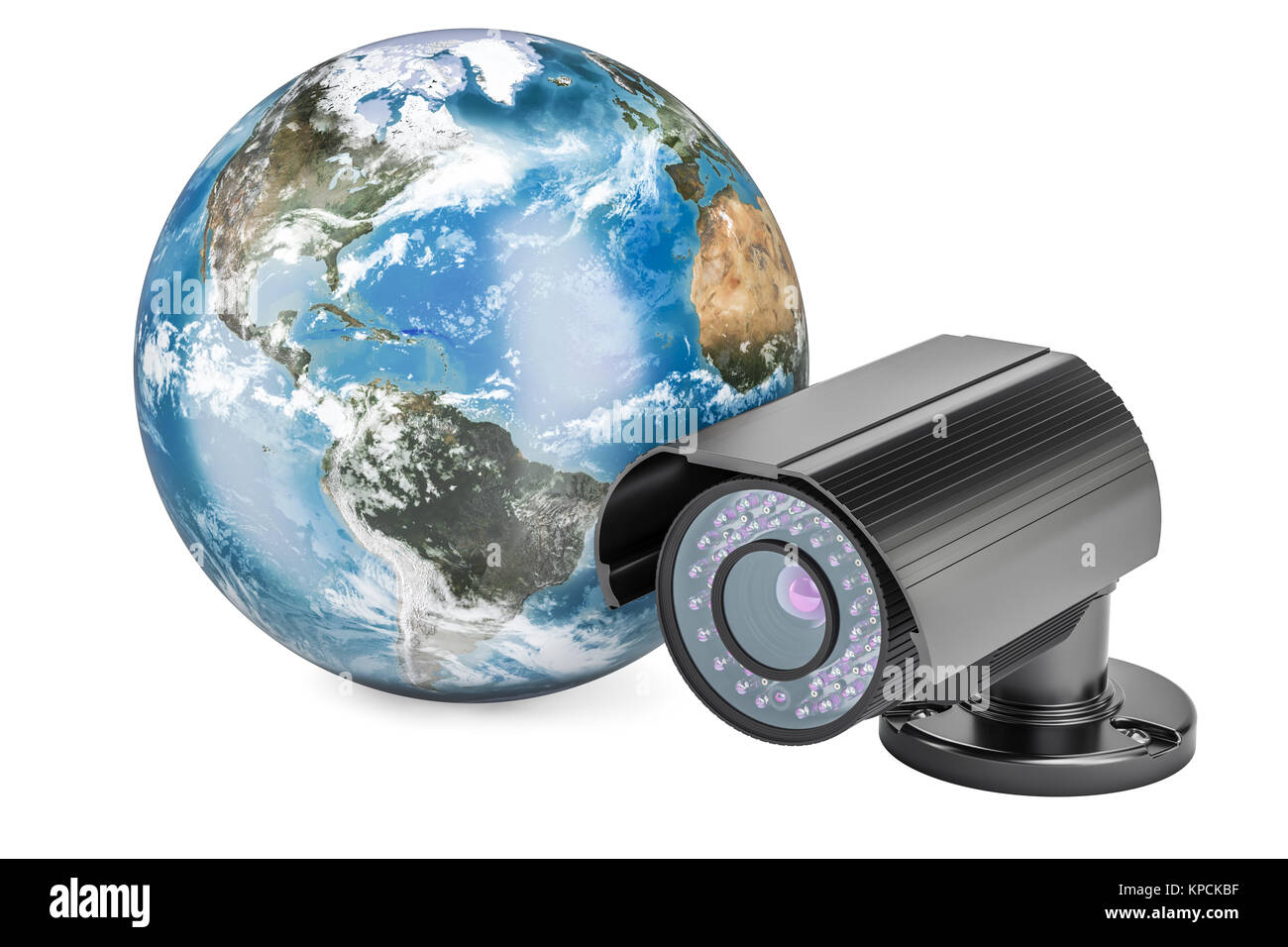 Sicurezza telecamera di sorveglianza con globo terrestre, rendering 3D Foto Stock