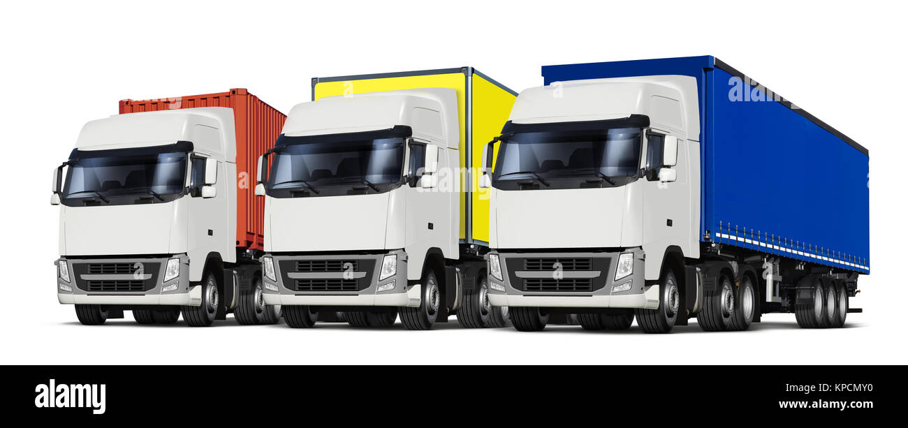 3D illustrazione di tre carrelli con diversi trailer, isolato su bianco Foto Stock