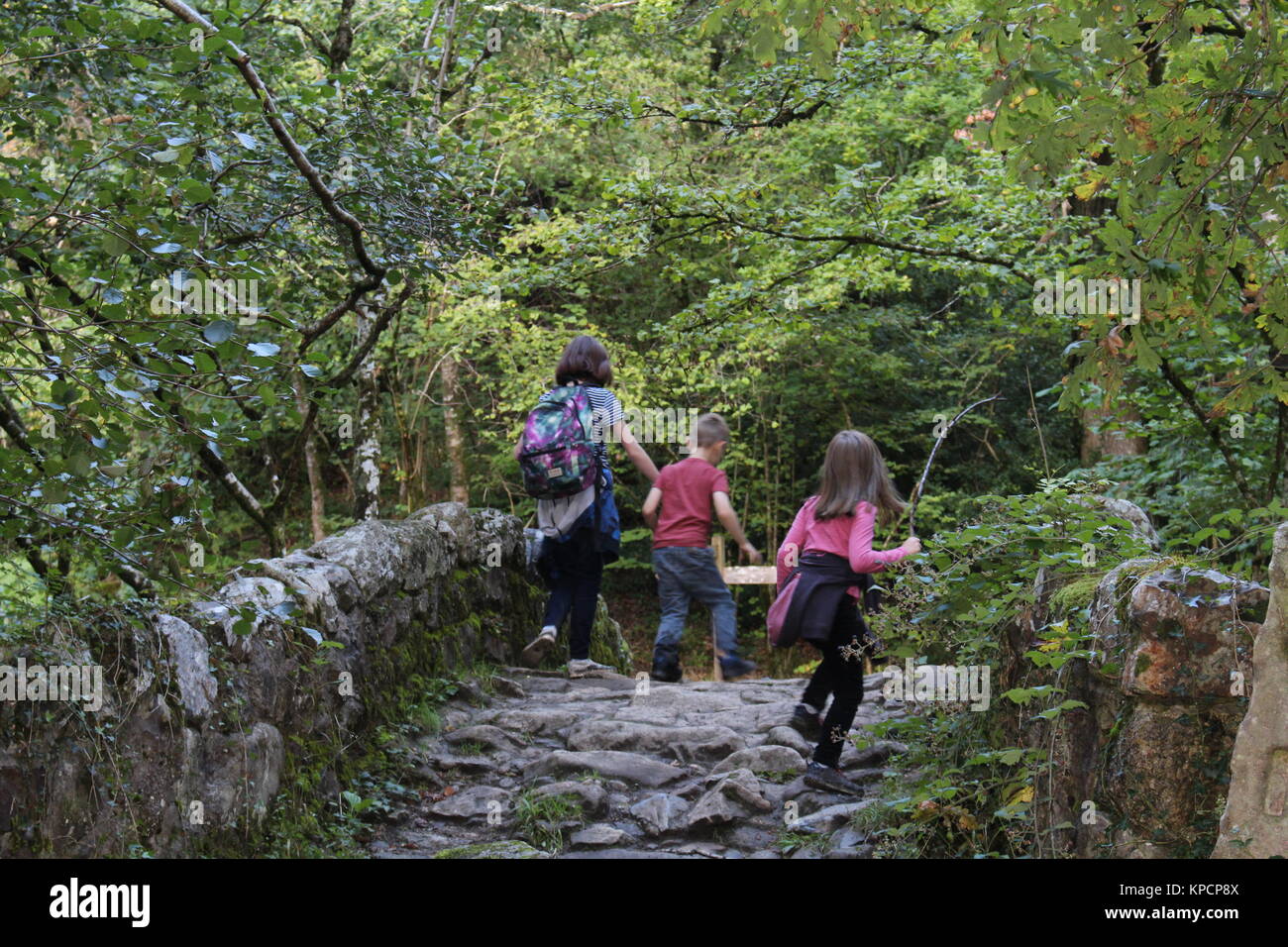 Bambini che giocano sul ponte, bambini all'aperto, giocare i ragazzi, fratelli, figli all'aperto Foto Stock