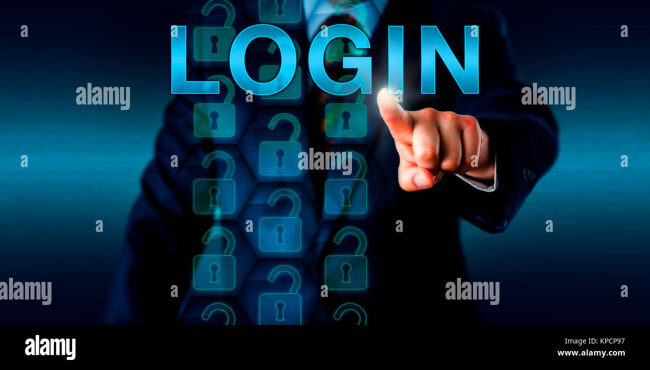 Utente aziendale di spinta sullo schermo di login Foto Stock