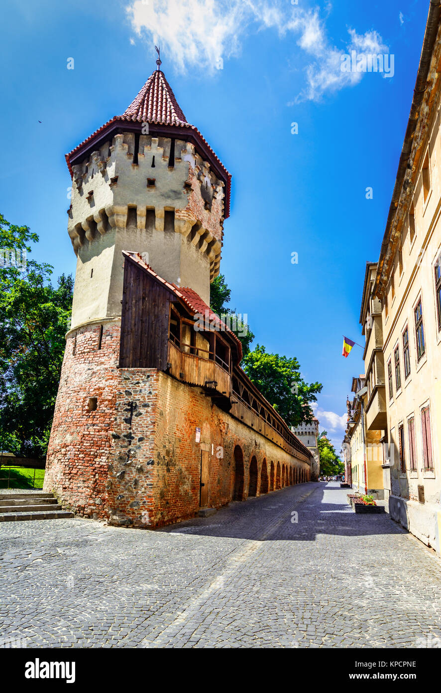 Sibiu, Romania : la famosa Torre dei falegnami - sulla strada Cetatii in una bellissima giornata Foto Stock