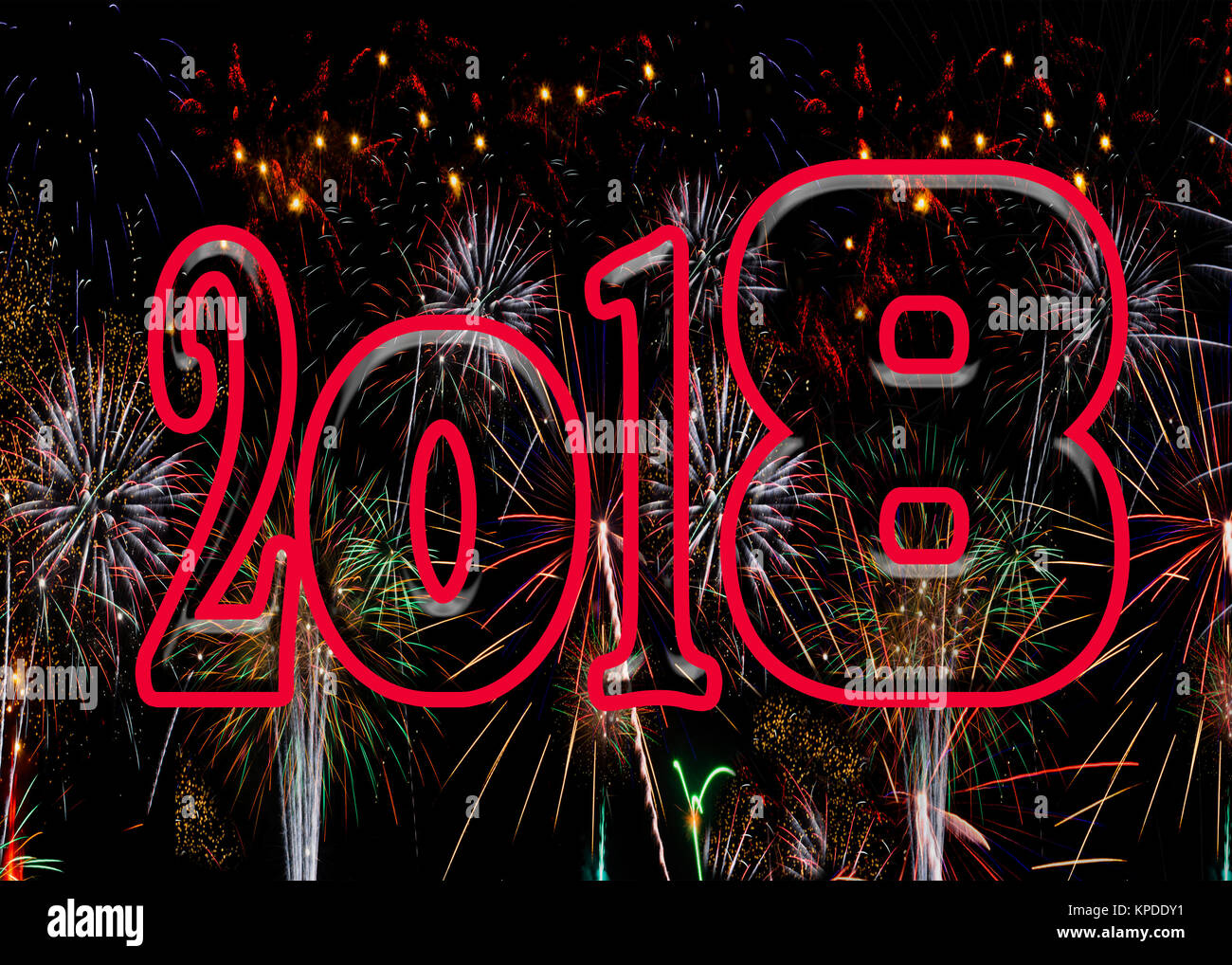 Fuochi d'artificio bold numeri rossi 2018 Capodanno concetto esplode scoppiare incendi celebrazione di opere per il rapporto A5 e 7x5 della scheda Messaggi di saluto Foto Stock