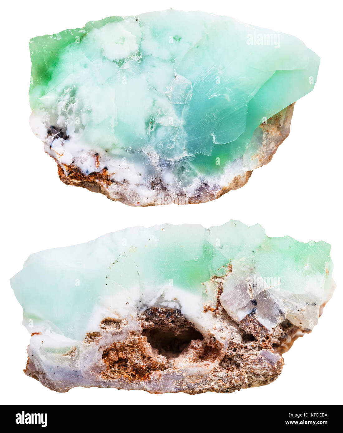 Due pezzi di Chrysoprase gemme cristallino Foto Stock