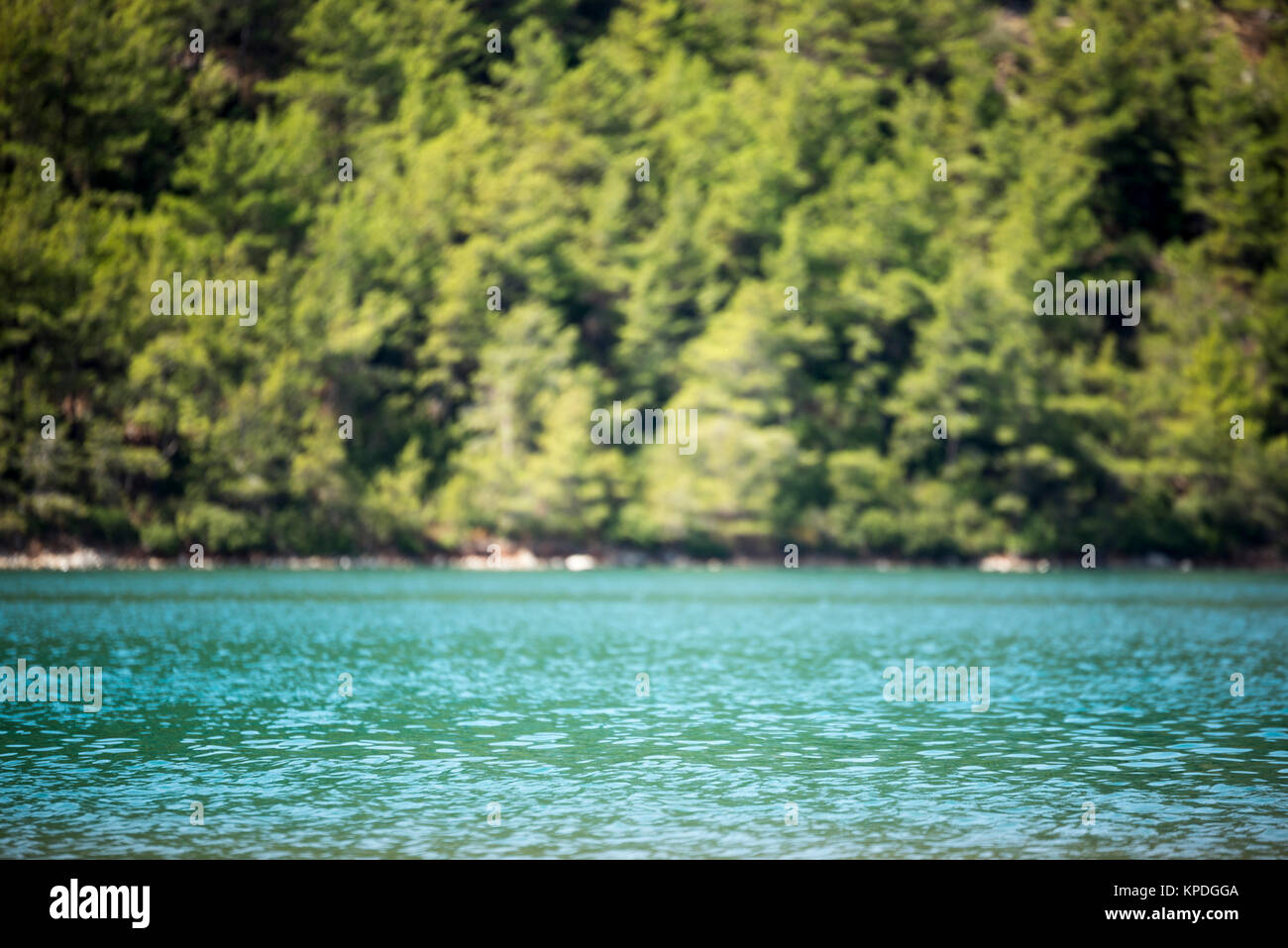 Lago sfocati e alberi di pino sullo sfondo. Focus è il midle del mare. A Kiz Kumu Beach Marmaris Mugla Turchia. Foto Stock