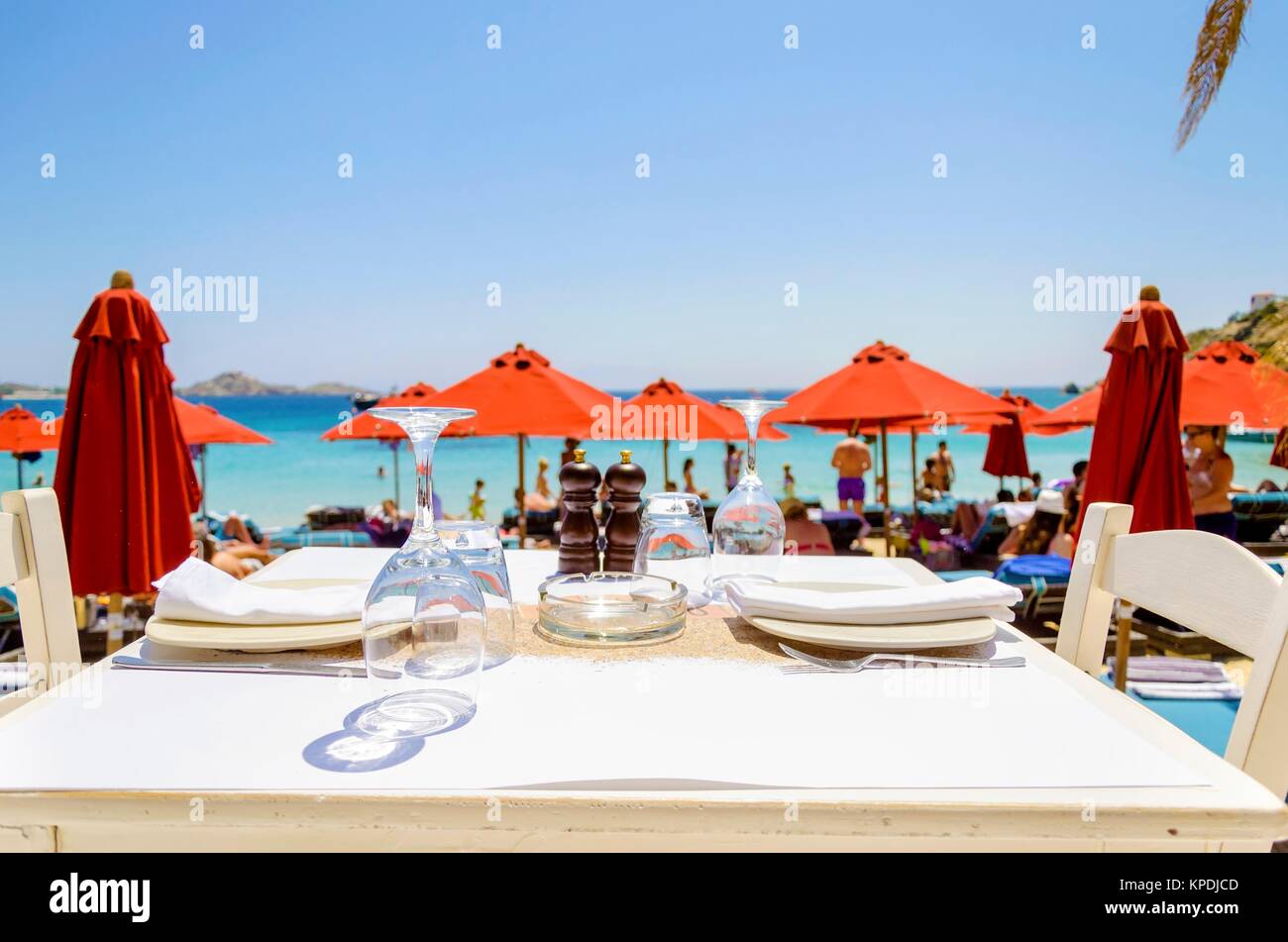 Il Beach bar ristorante, Mykonos Foto Stock