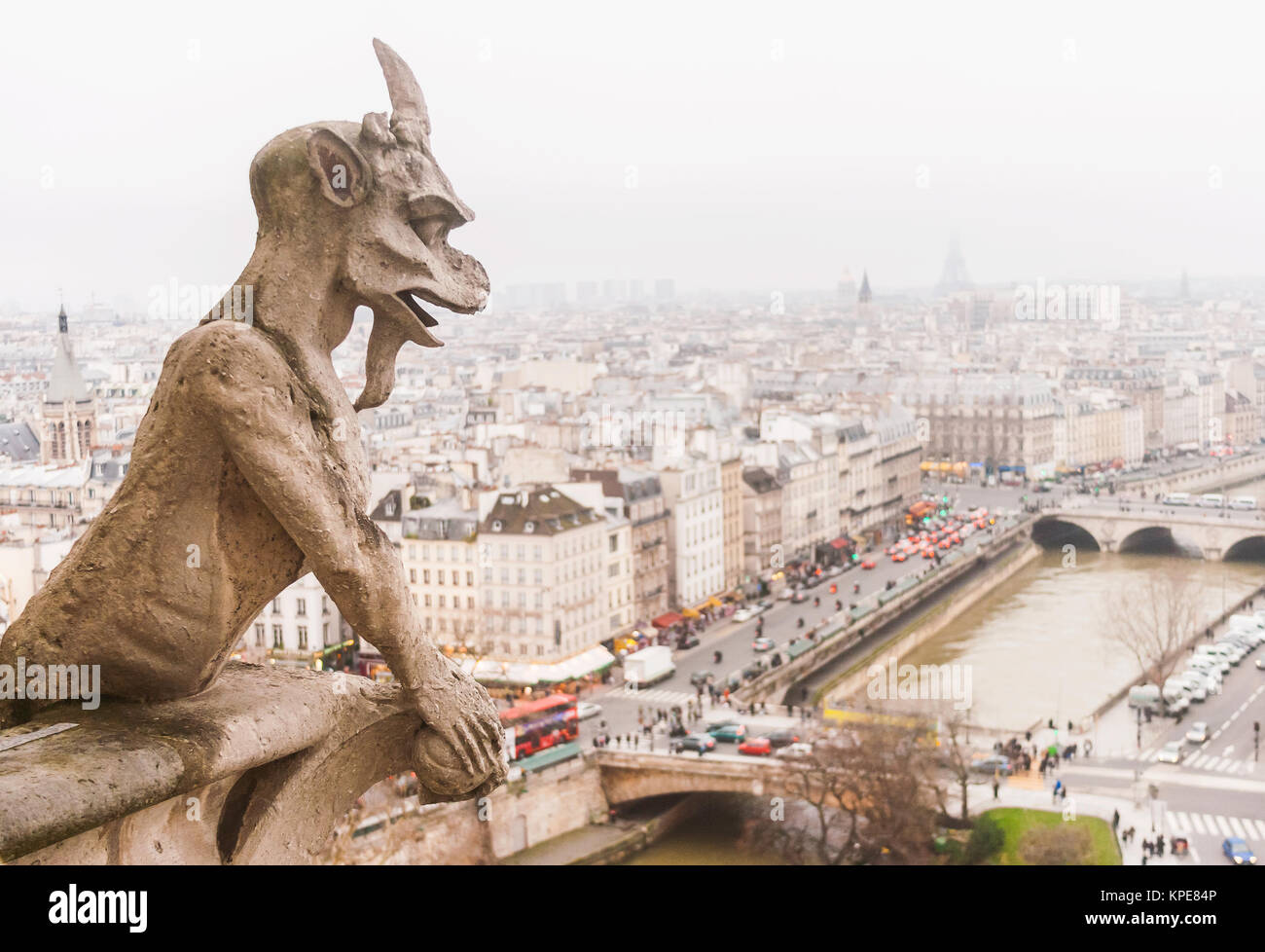 La chimera di Notre Dame di Parigi (Cattedrale di Nostra Signora) sopra i tetti delle città con copia spazio, la Francia, l'Europa. Foto Stock