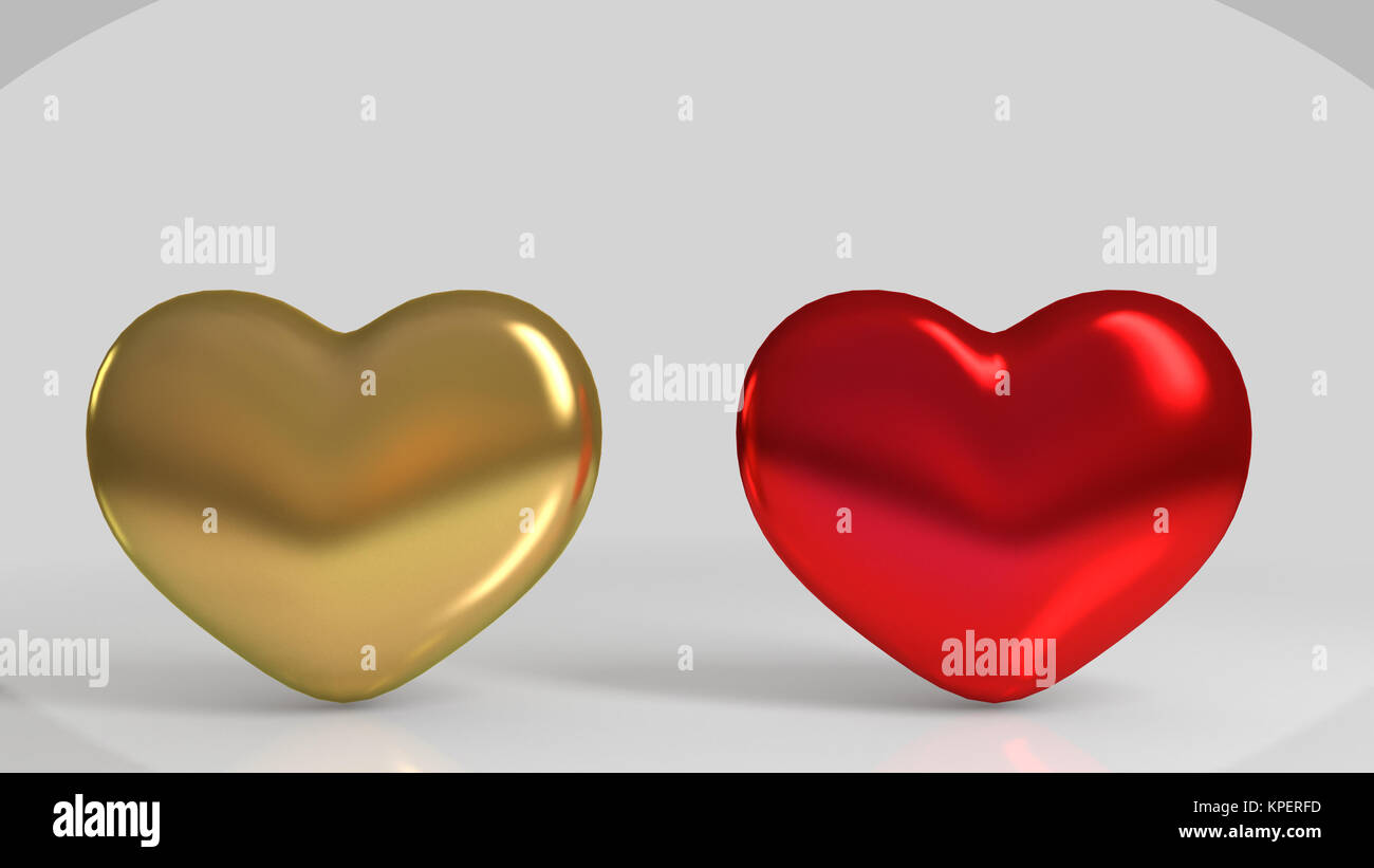 3d oro e rosso cuore lucido Foto Stock