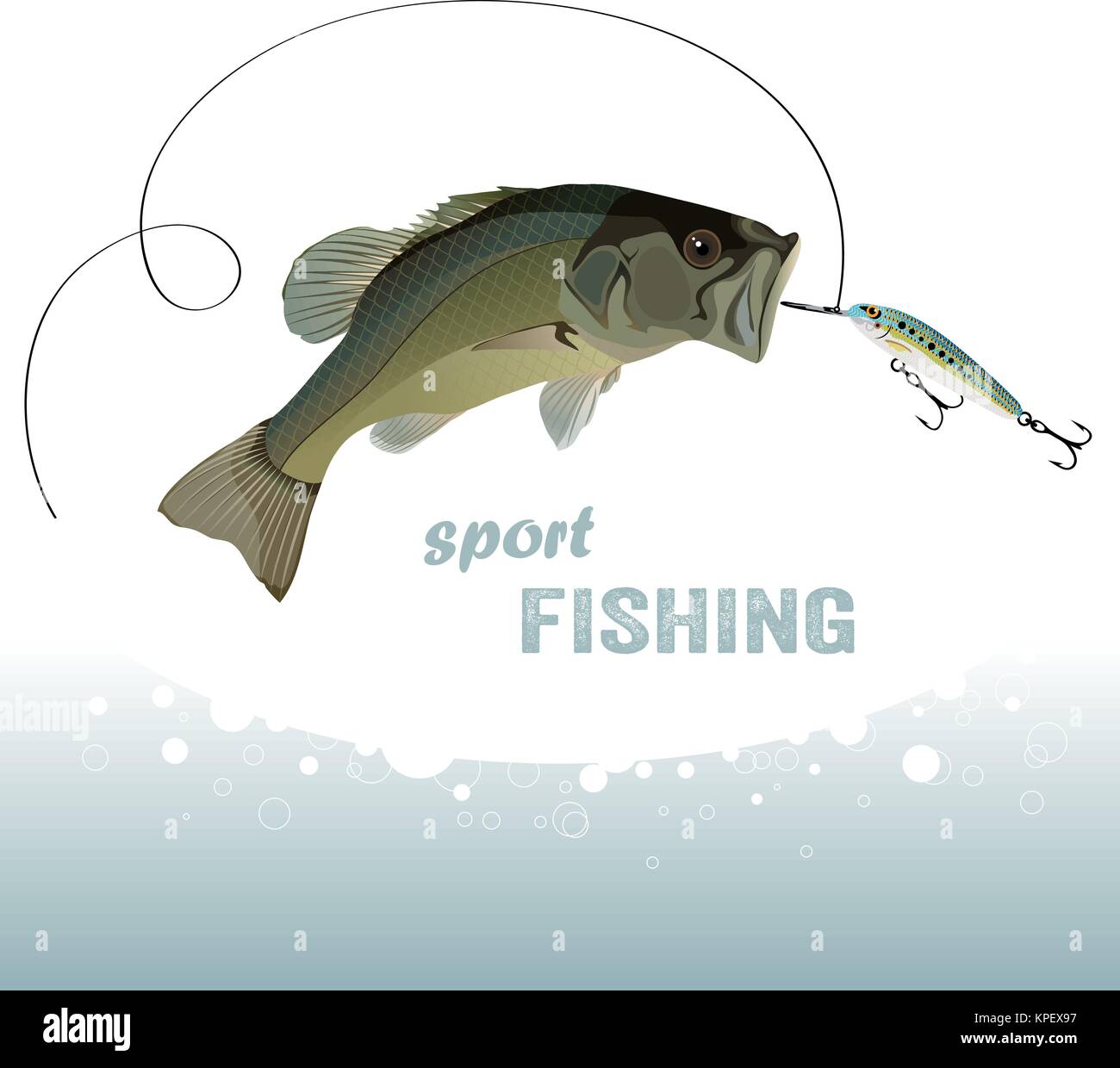 Bass pesca, bass catture l'esca, acqua spray, illustrazione vettoriale Illustrazione Vettoriale