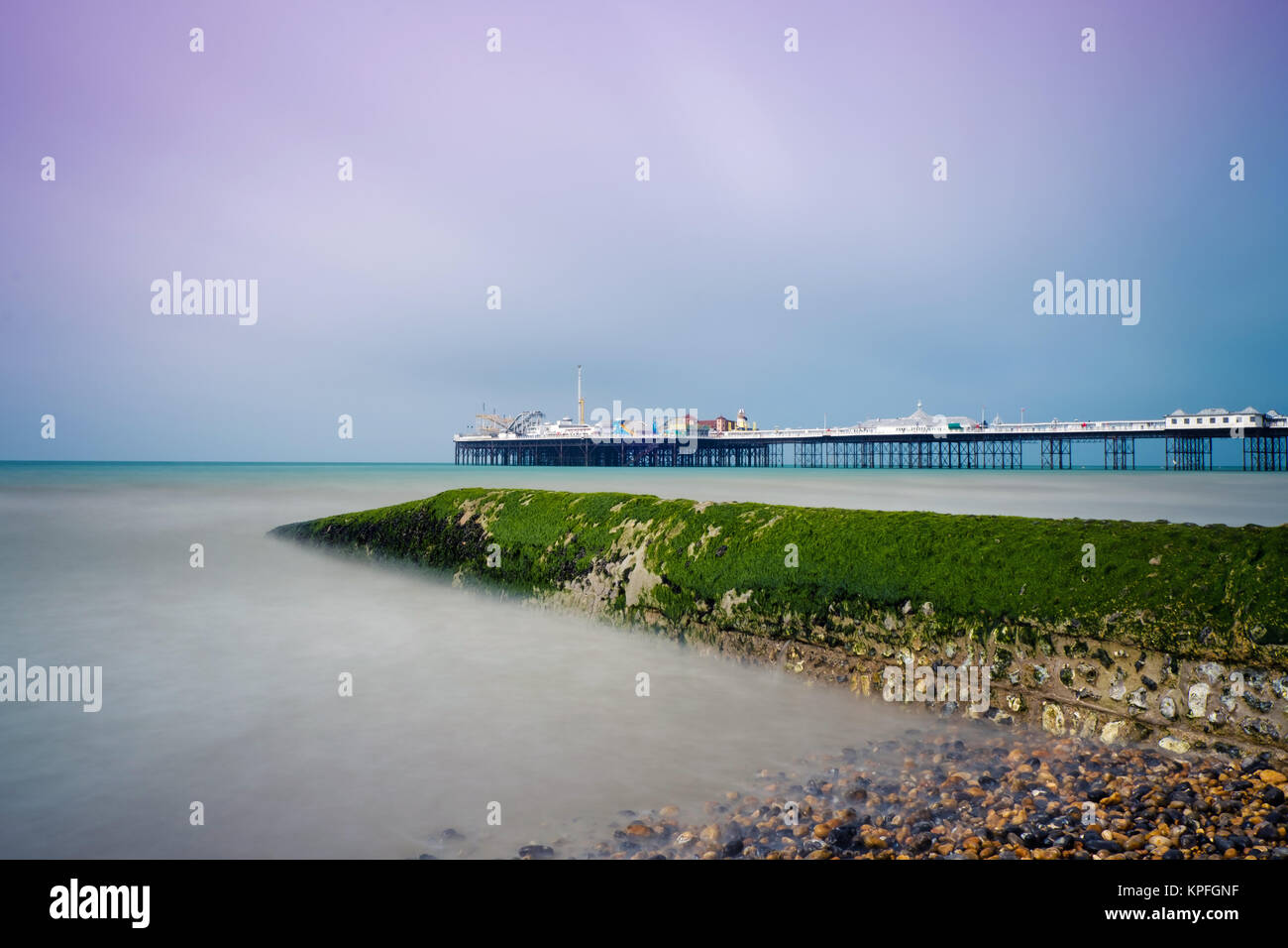 Molo Ovest di Brighton al tramonto, East Sussex, Regno Unito Foto Stock