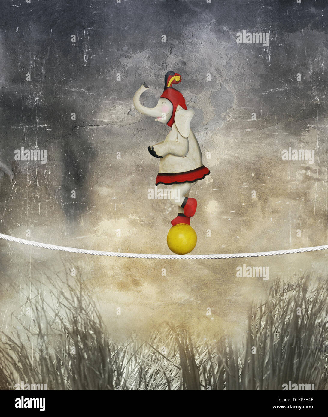 A titolo illustrativo divertenti elefante femmina vestito circus in equilibrio su una fune e la sfera come un Acrobat in un paesaggio surreale Foto Stock
