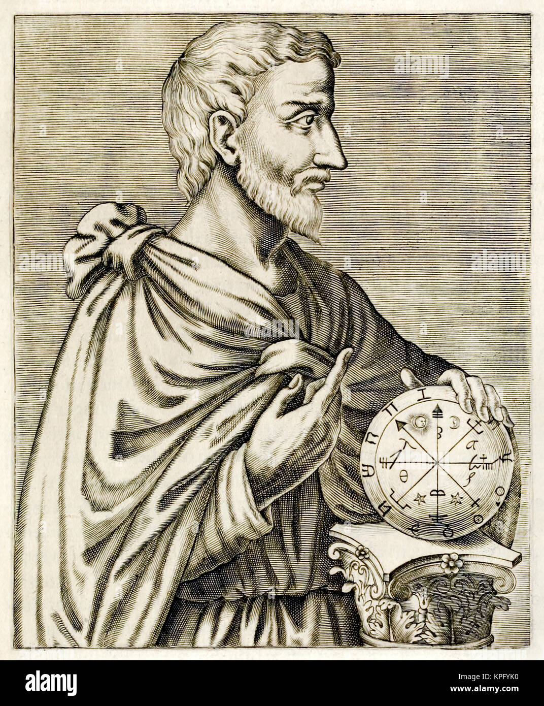 Pitagora di Samo (570-495BC) Ionian filosofo greco, matematico e fondatore del movimento religioso chiamato Pythagoreanism. Incisione da "Vero ritratti…" da André Thévet (1516-1590), pubblicato nel 1584. Vedere la descrizione per maggiori informazioni. Foto Stock