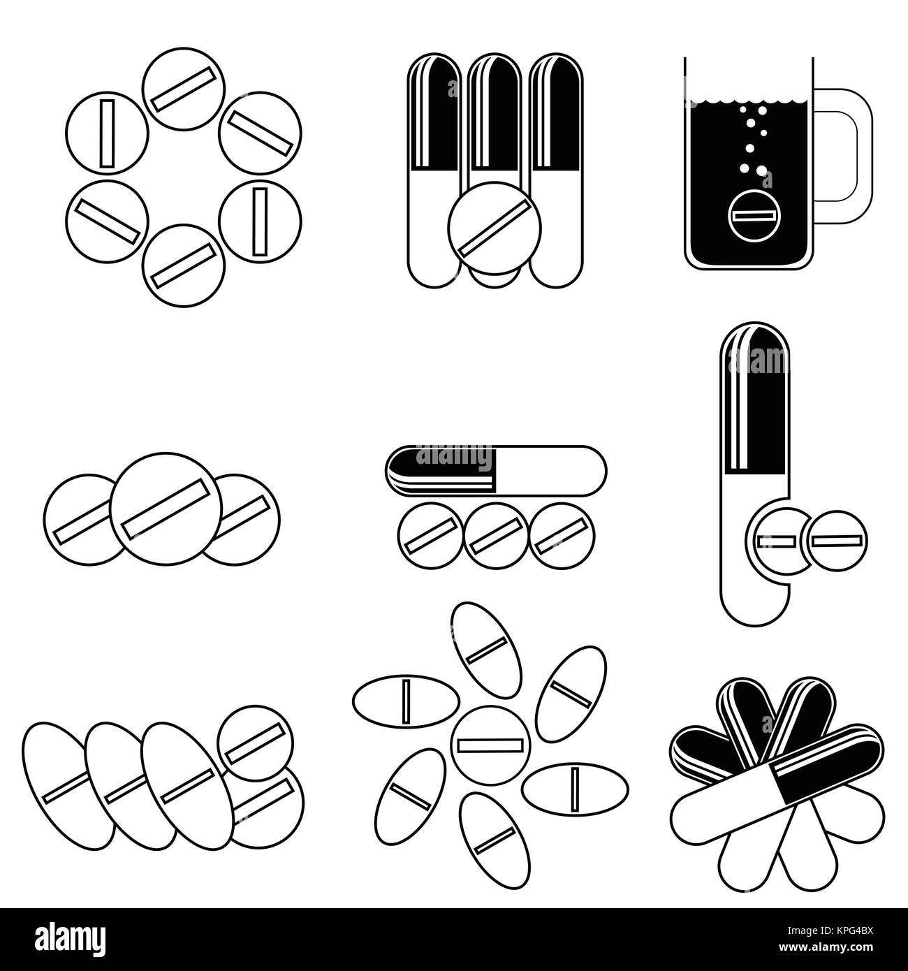 Set di pillole diverse icone Foto Stock