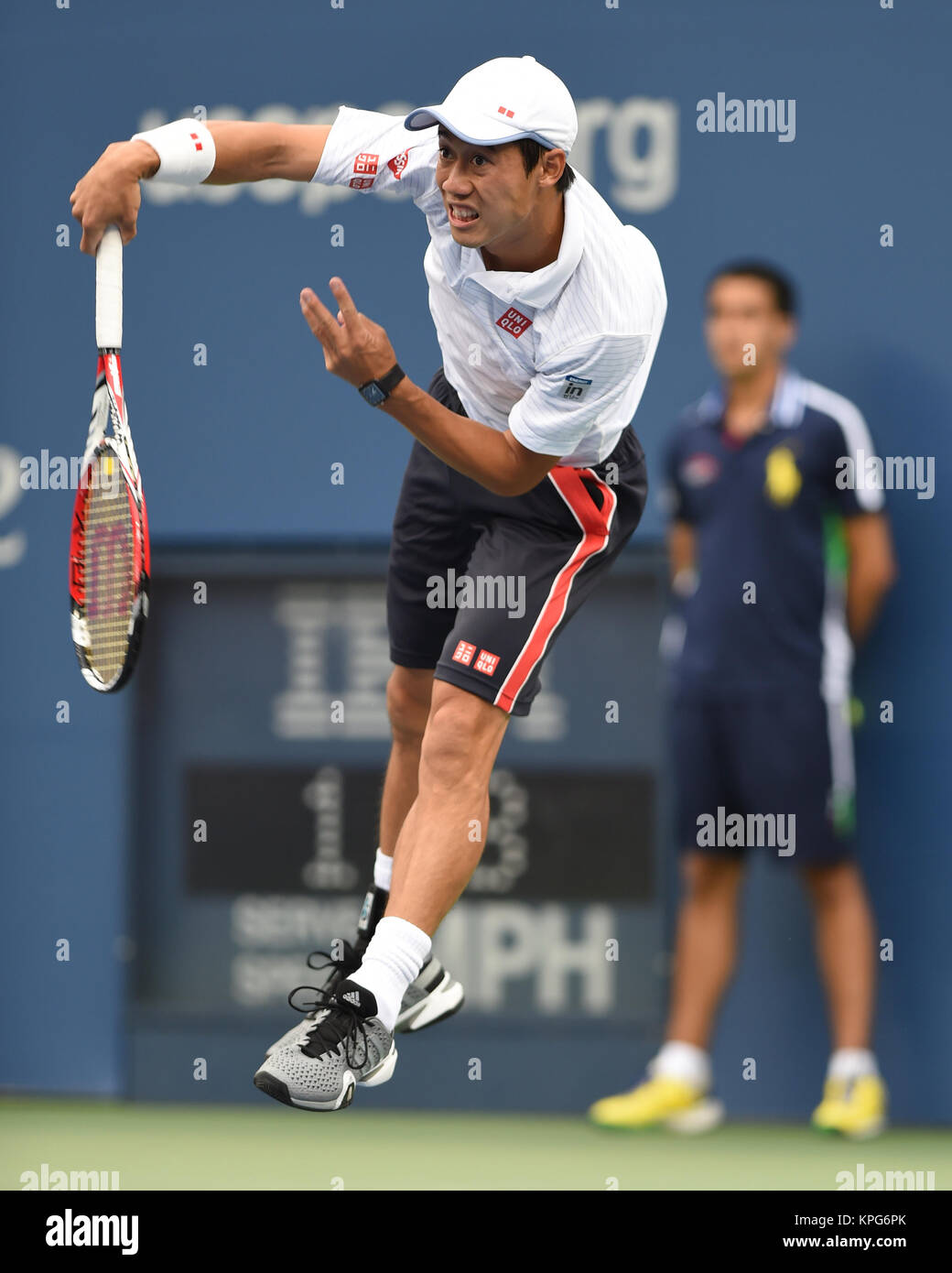 FLUSHING NY- Settembre 08: Kei Nishikori, presso la mens Singles Finals giorno quindici del 2014 US Open al USTA Billie Jean King National Tennis Center on September 8, 2014 nel quartiere di lavaggio del Queens Borough of New York City People: Kei Nishikori Foto Stock