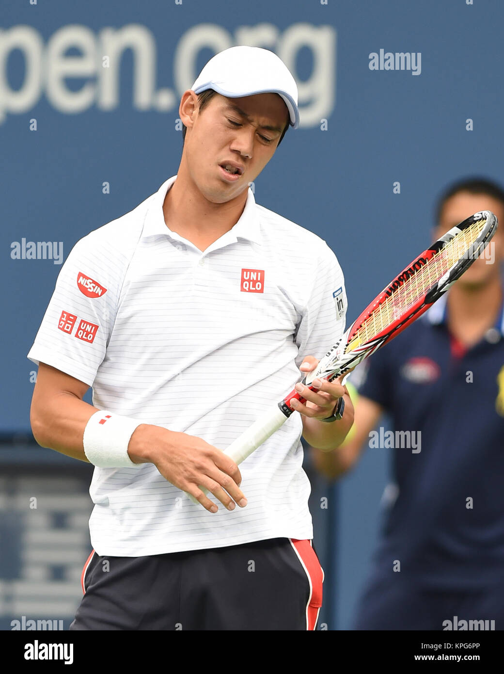 FLUSHING NY- Settembre 08: Kei Nishikori, presso la mens Singles Finals giorno quindici del 2014 US Open al USTA Billie Jean King National Tennis Center on September 8, 2014 nel quartiere di lavaggio del Queens Borough of New York City People: Kei Nishikori Foto Stock