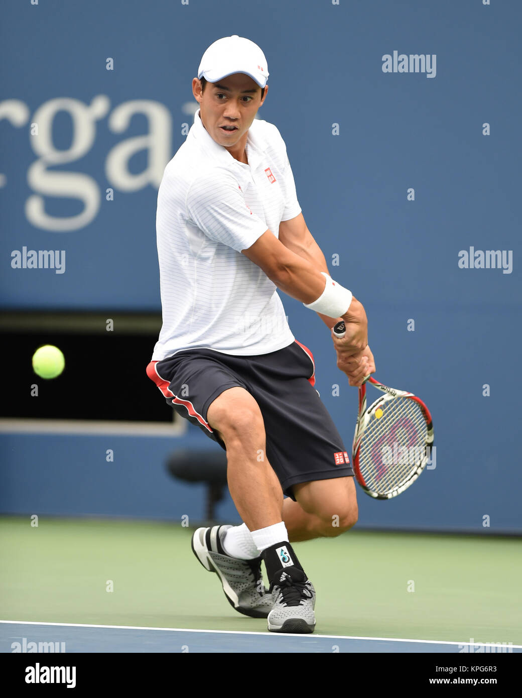 FLUSHING NY- Settembre 08: Kei Nishikori, presso la mens Singles Finals giorno quindici del 2014 US Open al USTA Billie Jean King National Tennis Center on September 8, 2014 nel quartiere di lavaggio del Queens Borough of New York City People: Kei Nishikori Foto Stock