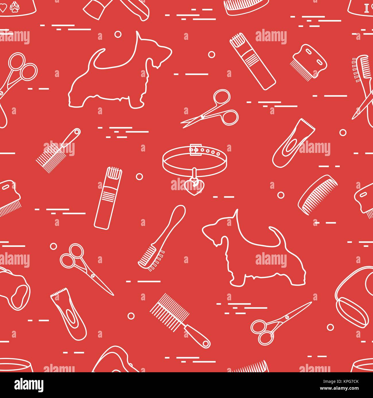 Modello con il cane, pettini, collare, guinzaglio, rasoio, asciugacapelli, ciotola, forbici. La cura della salute, toelettatura, prendersi cura di un cane, mostra. Illustrazione Vettoriale
