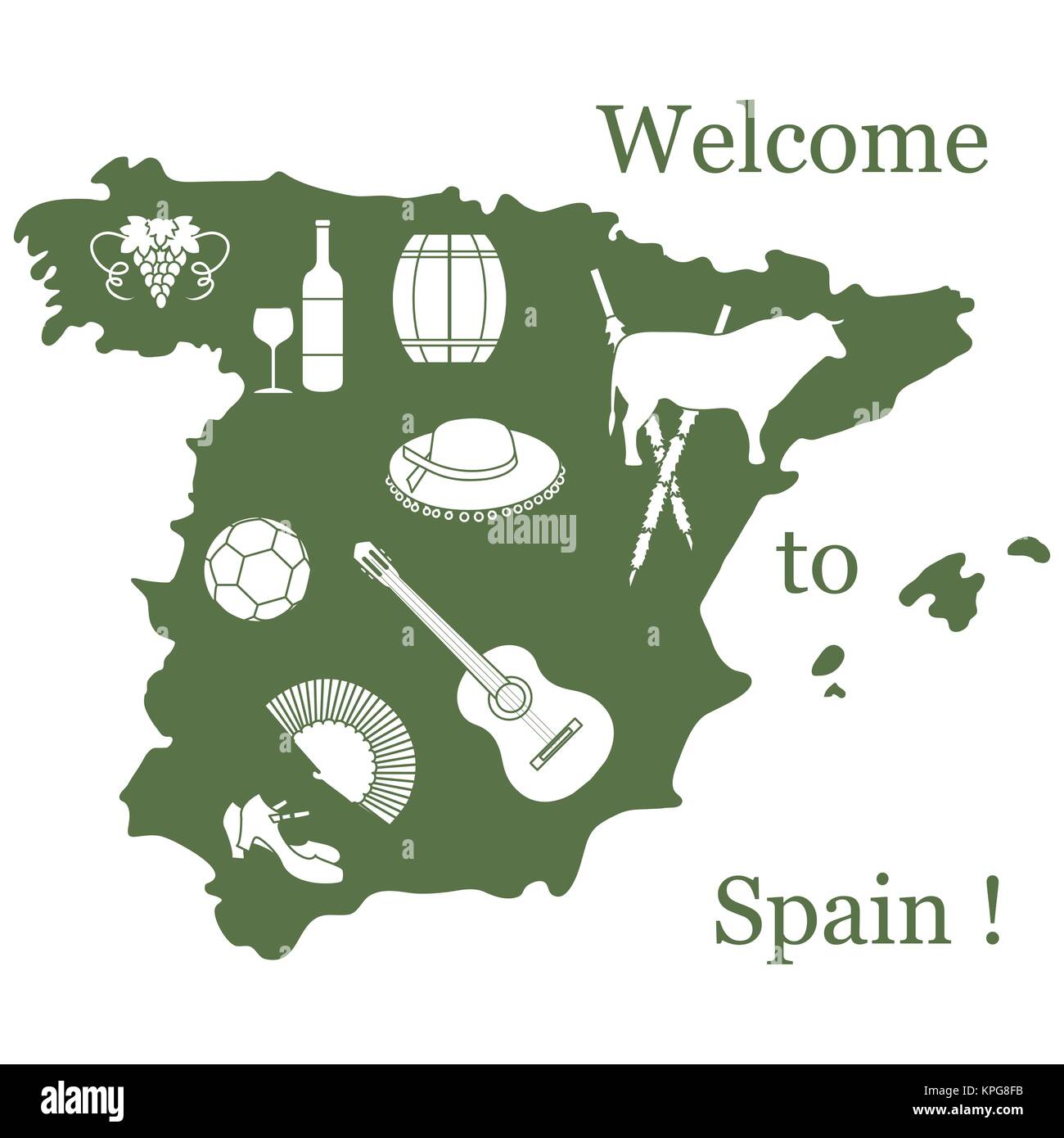 Illustrazione Vettoriale con vari simboli della Spagna. Viaggi e tempo libero. Design per banner, poster o di stampa. Illustrazione Vettoriale