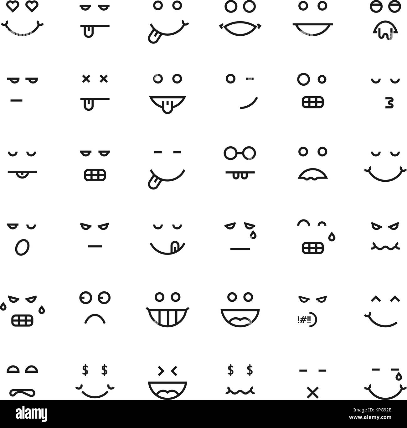Nero linea sottile facce emoji Illustrazione Vettoriale