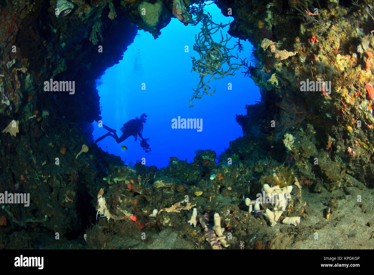 Silhouette di un subacqueo con telecamera, Komba isola mare Flores, Indonesia Foto Stock